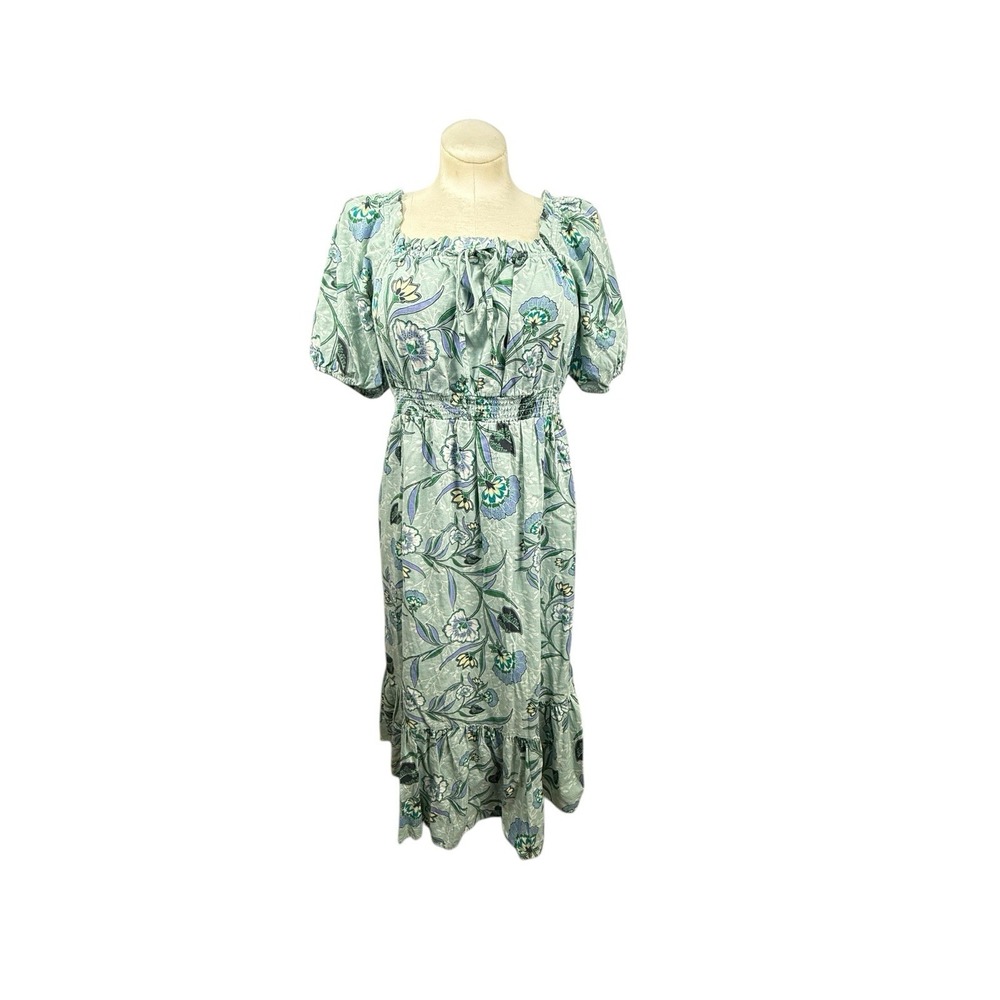 Women's M Loft Maxi Dress‎ Green With Multicolor Floral Print Short Sleeves